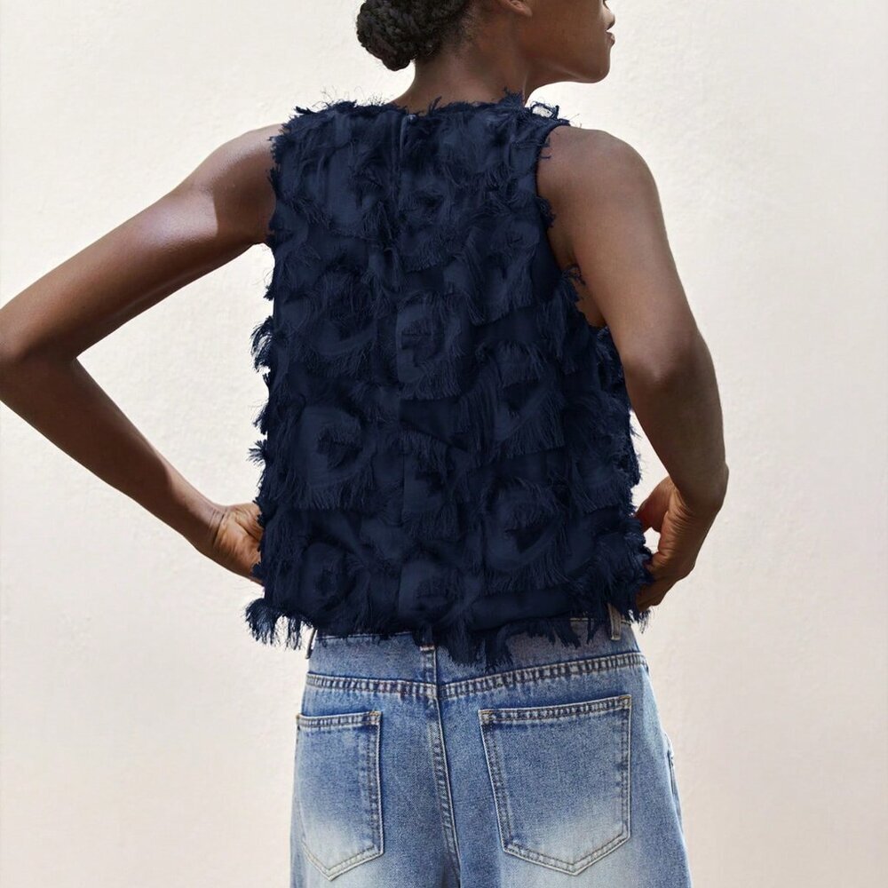 Navy Blue Bohemian Women's Casual Jacquard Camisole Top - Picture 2 of 6